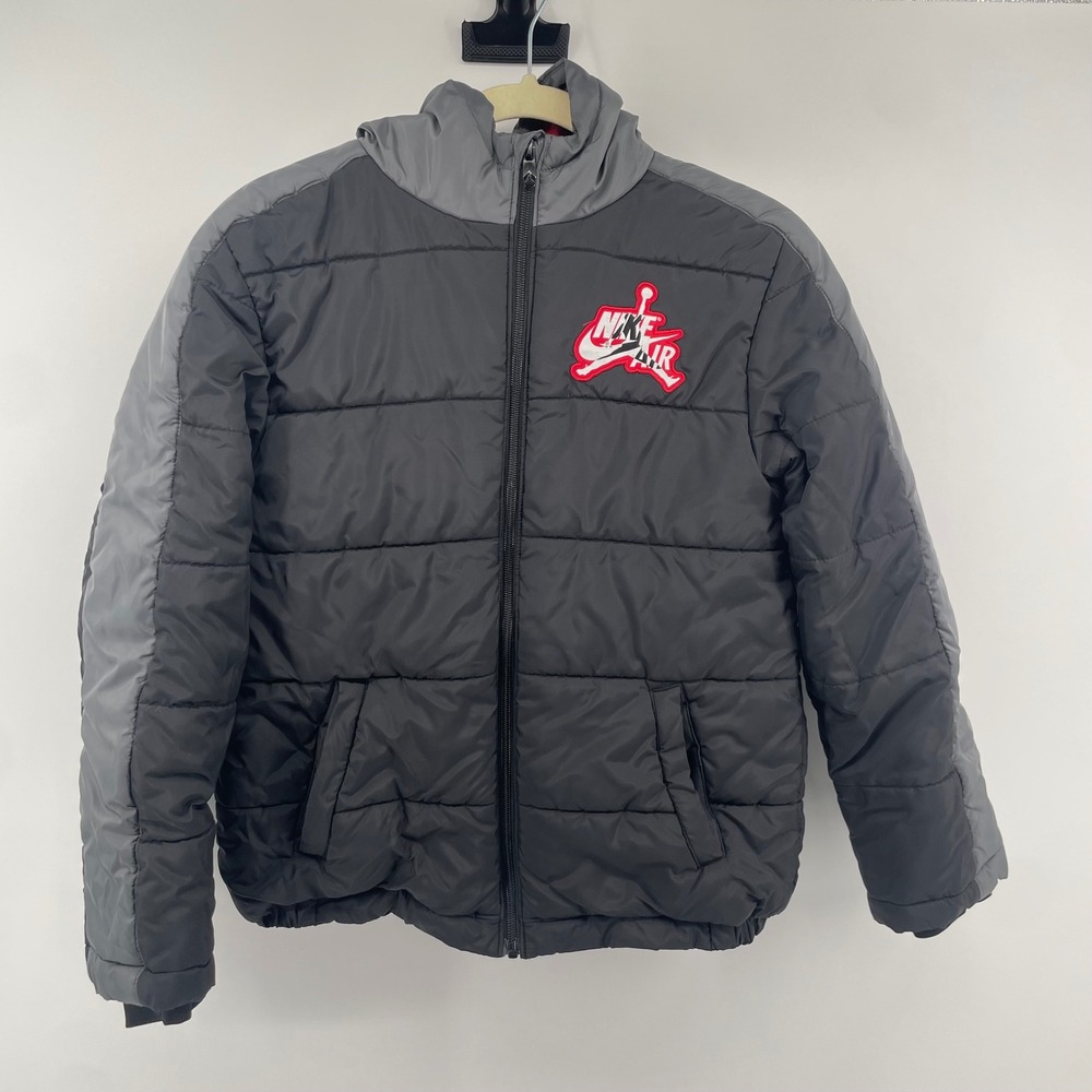 Jordan Puffer Jacket Boys Large 12-13 Black Grey Nike Air Hooded Quilted Coat